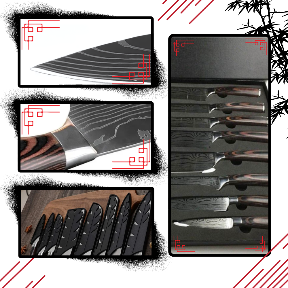 Japanese knife with Damascus steel blade and wooden handle