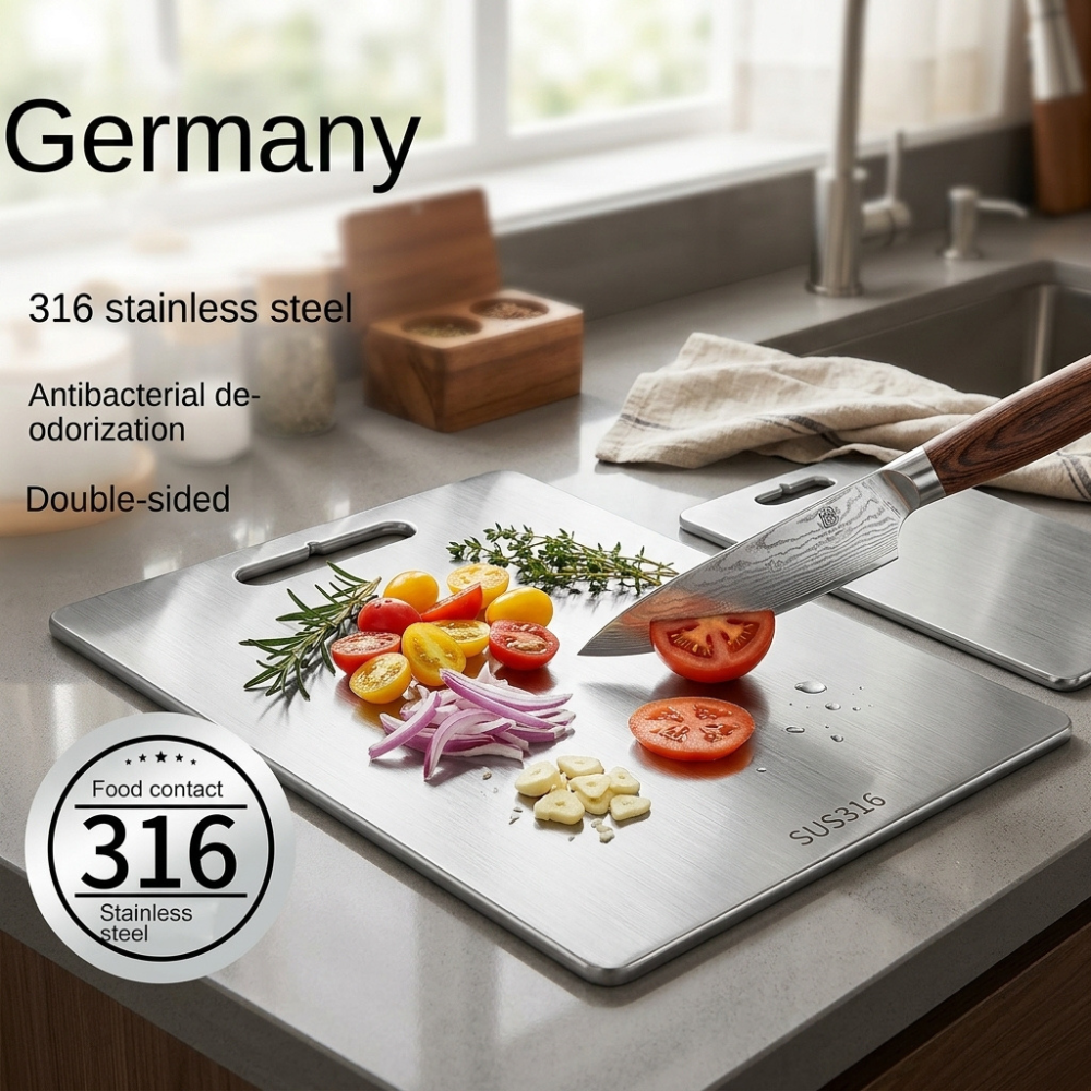 Cutting board with double sided titanium surface