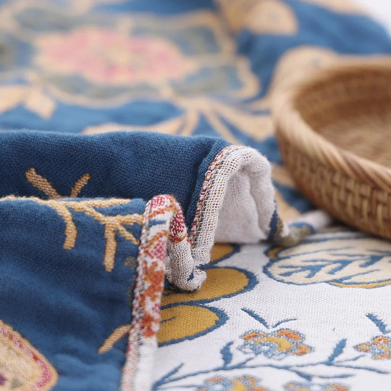 Throw Blanket for Sofa with Floral Fringed Edges