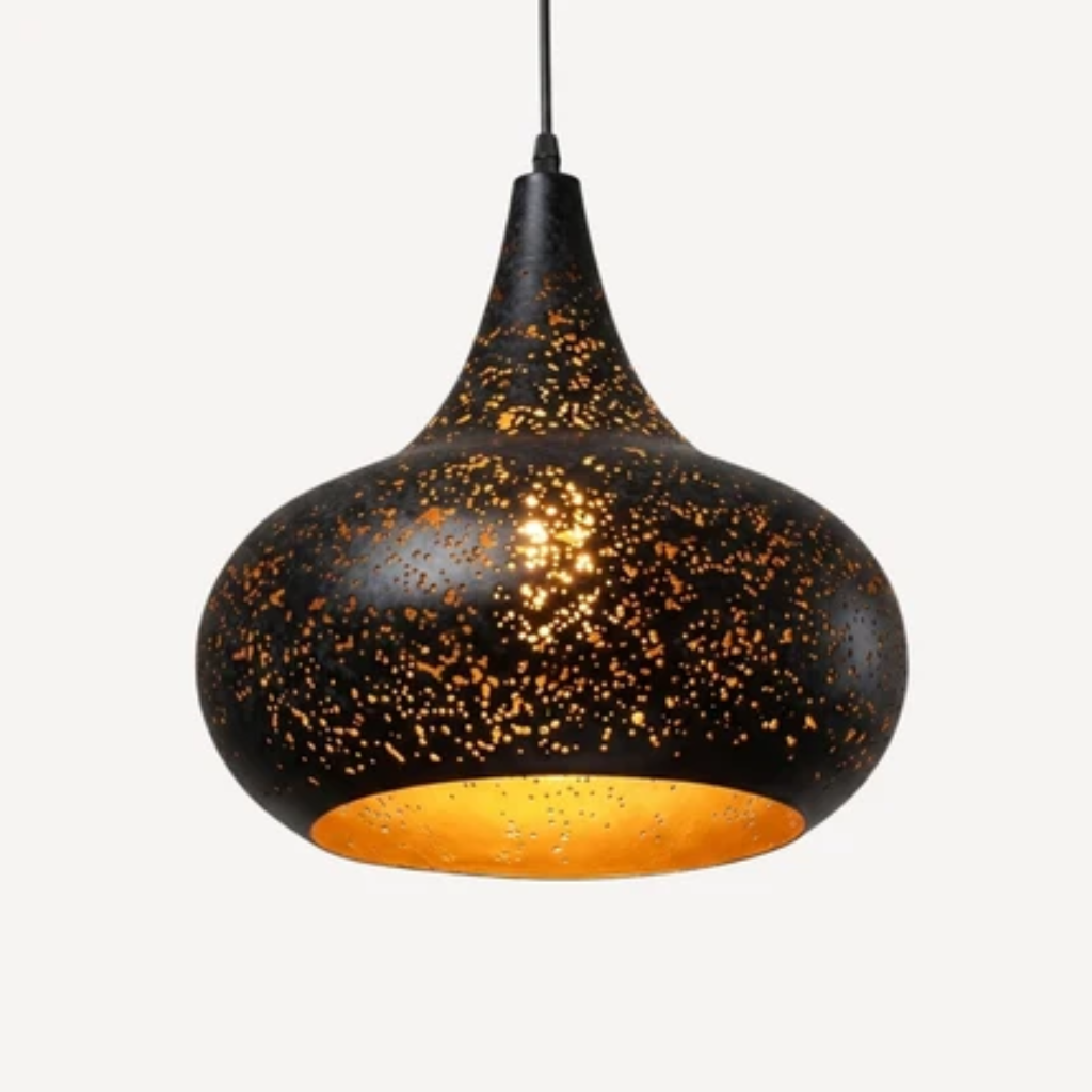 Pendant light fixture with perforated iron shade