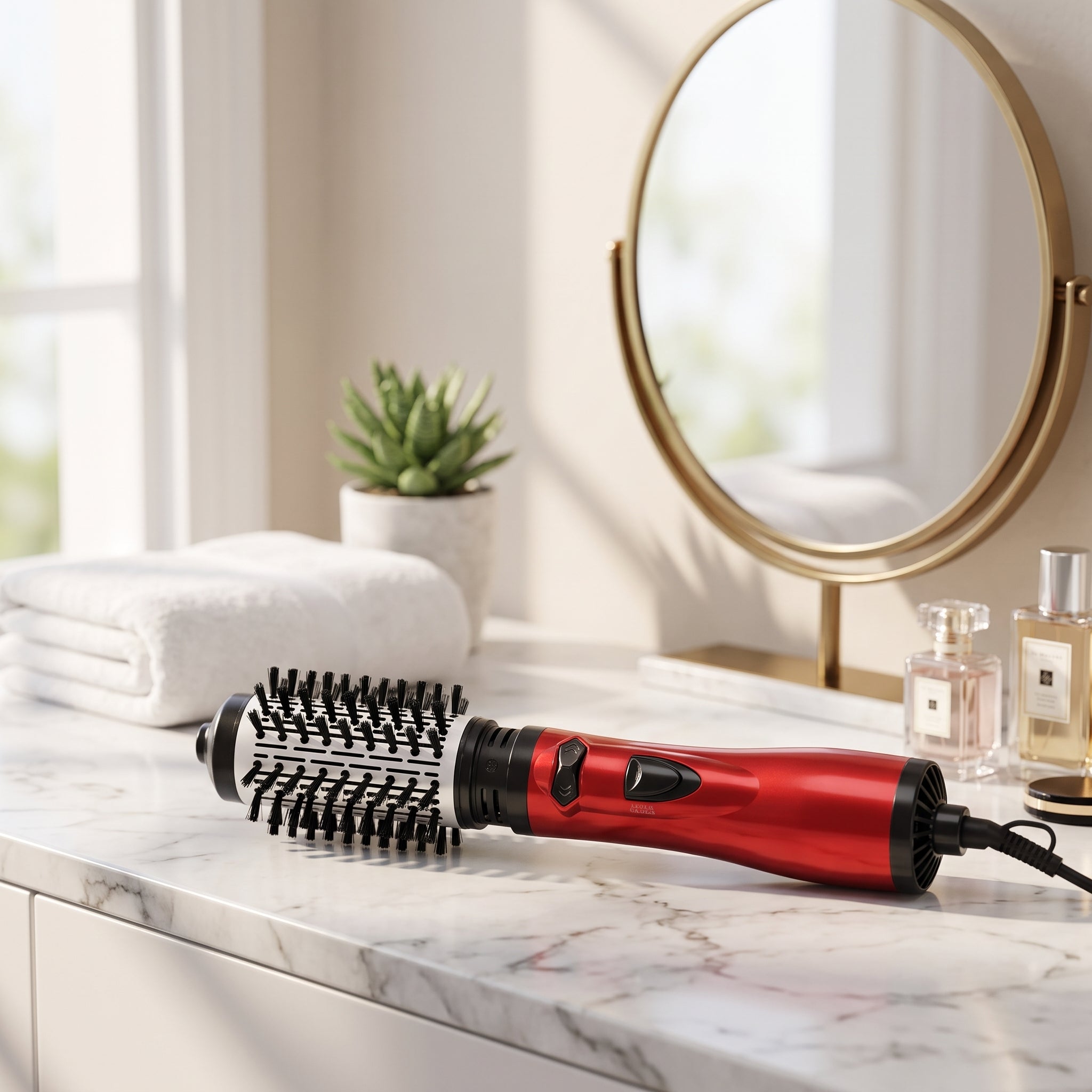 Rotating 3 in 1 hair styler with adjustable temperature - red