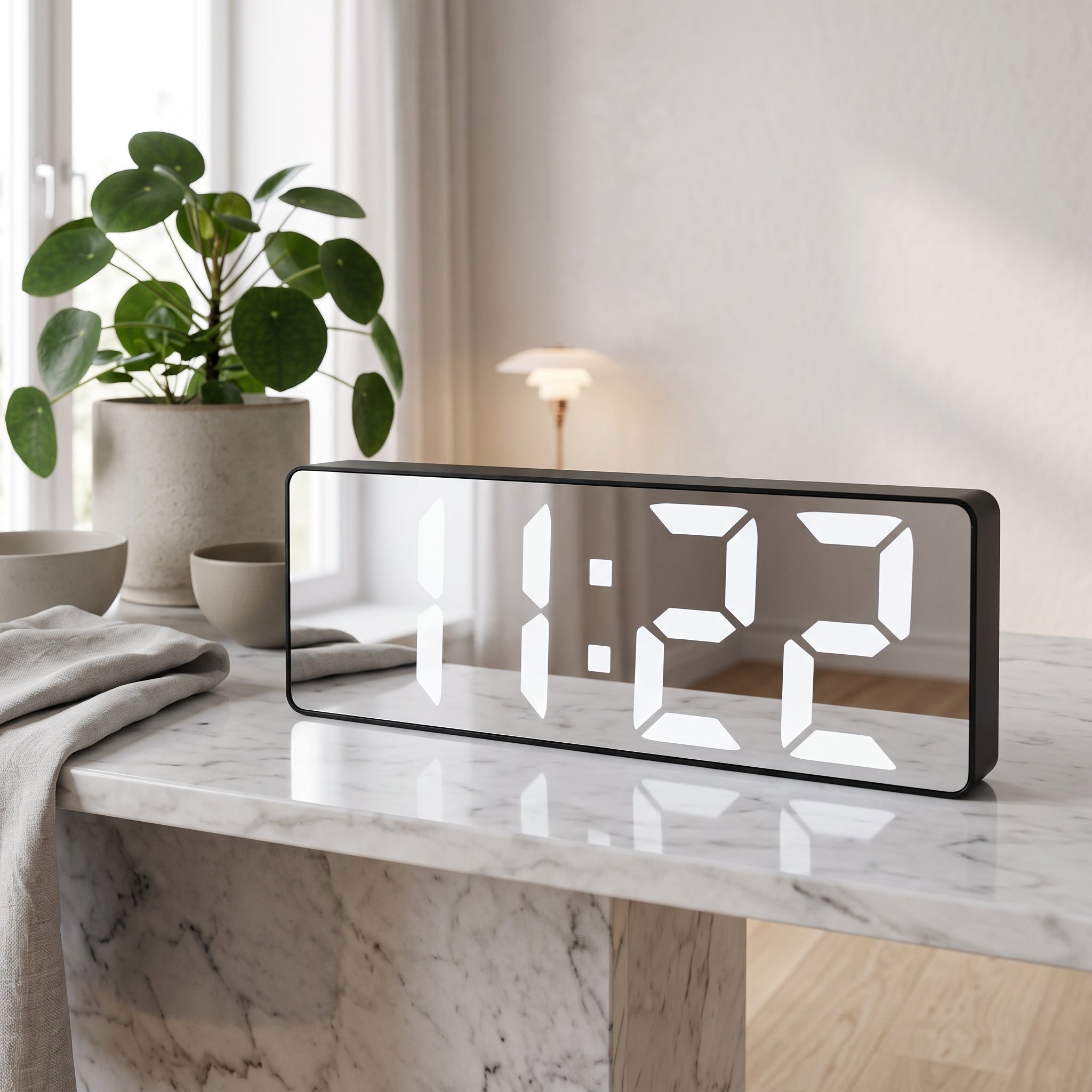 Digital Alarm Clock With Mirror Display and Snooze - glossy black