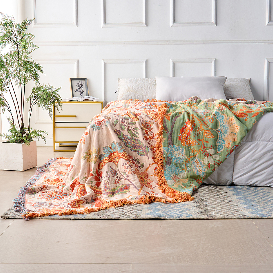 Throw Blanket with Floral Jacquard Fringed Edges