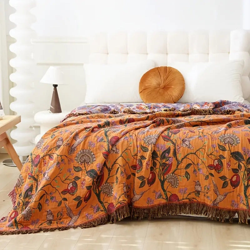 Throw Blanket With Boho Floral Jacquard Pattern
