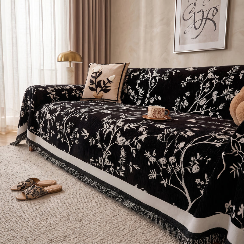Sofa Cover With Floral Pattern Anti Slip - midnight black