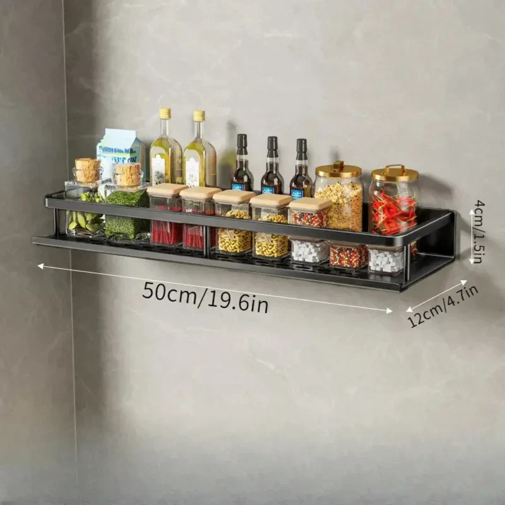 Kitchen wall shelf with utensil hooks and aluminium frame - black 50 cm / 19.7 in