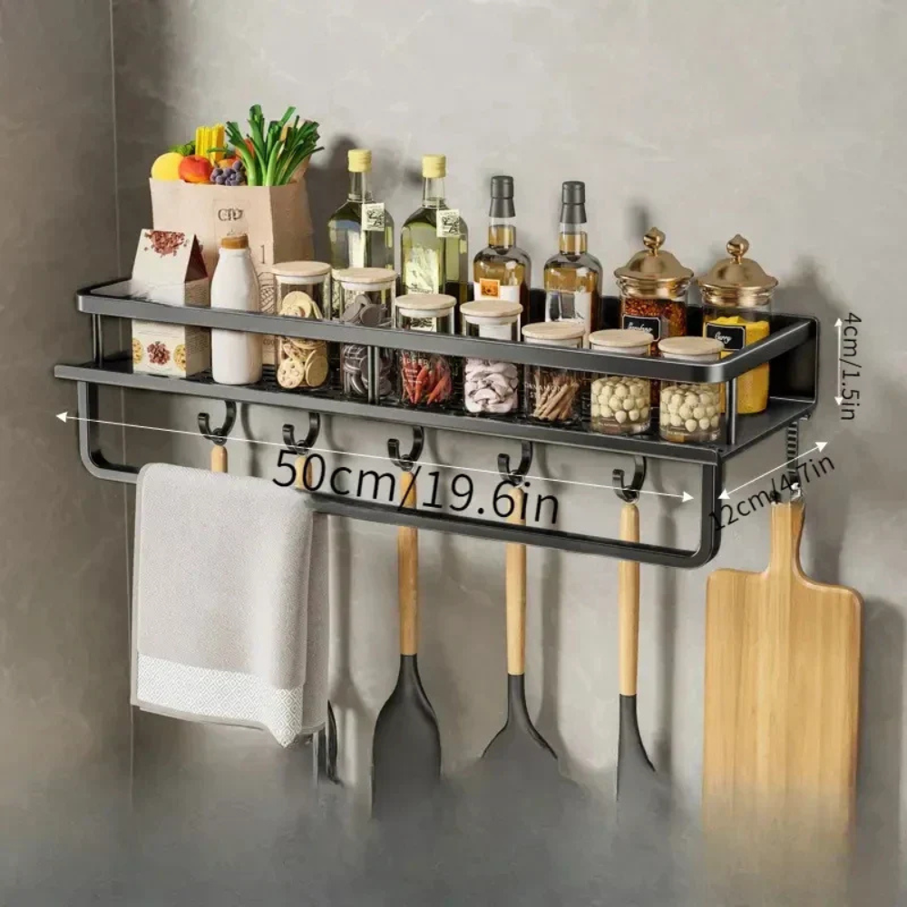 Kitchen wall shelf with utensil hooks and aluminium frame - black hook rod 50 cm / 19.7 in