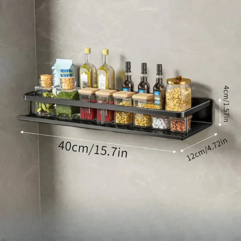 Kitchen wall shelf with utensil hooks and aluminium frame - black 40 cm / 15.7 in