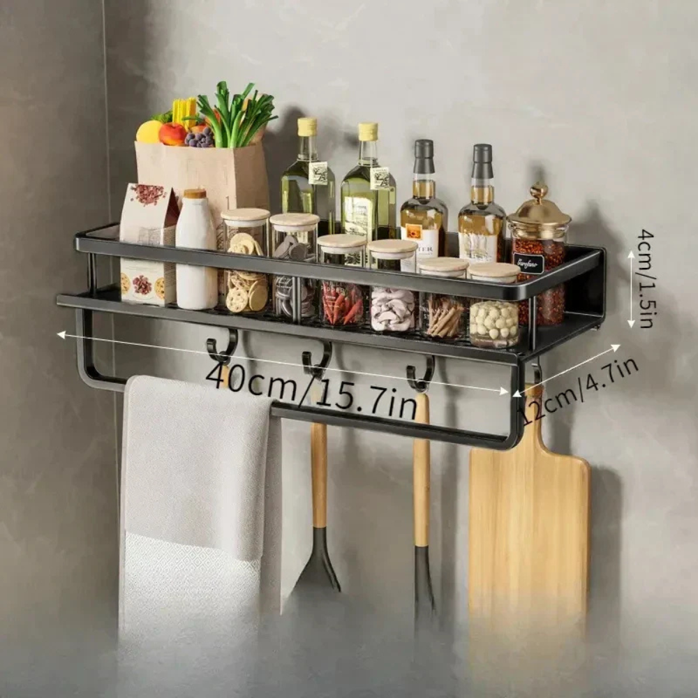 Kitchen wall shelf with utensil hooks and aluminium frame - black hook rod 40 cm / 15.7 in