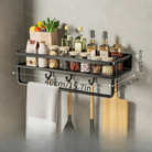 Kitchen wall shelf with utensil hooks and aluminium frame - black hook rod 40 cm / 15.7 in