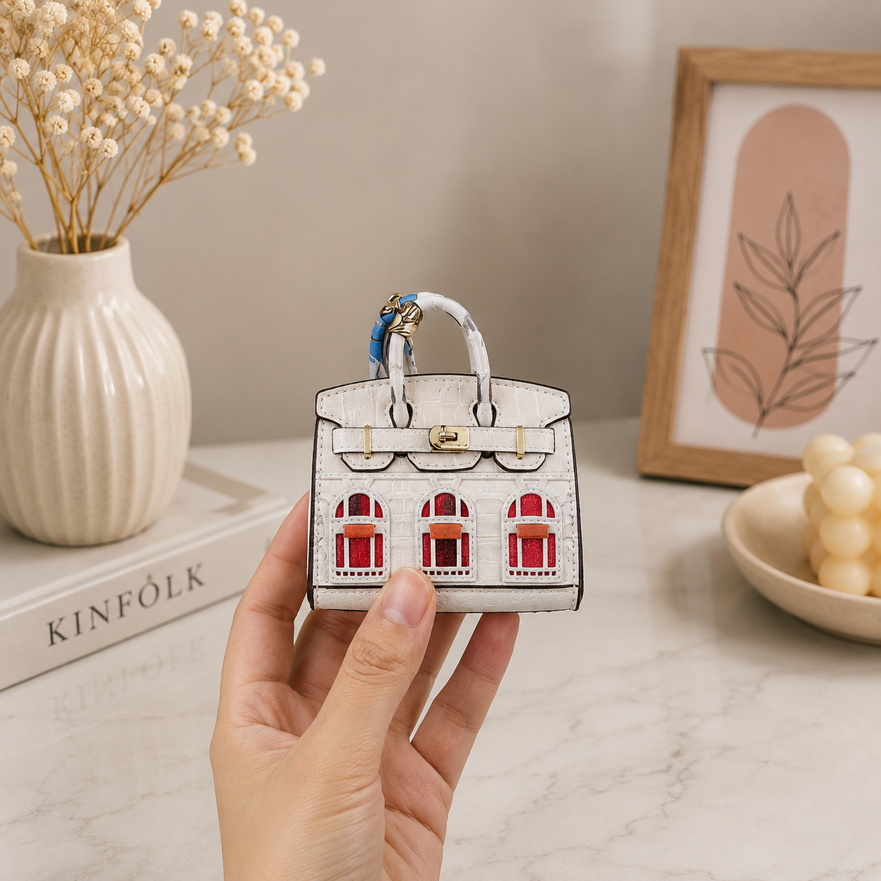 Bag Charm in Mini Handbag Design with Metal Finish - white