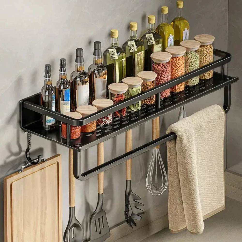 Kitchen wall shelf with utensil hooks and aluminium frame