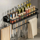 Kitchen wall shelf with utensil hooks and aluminium frame