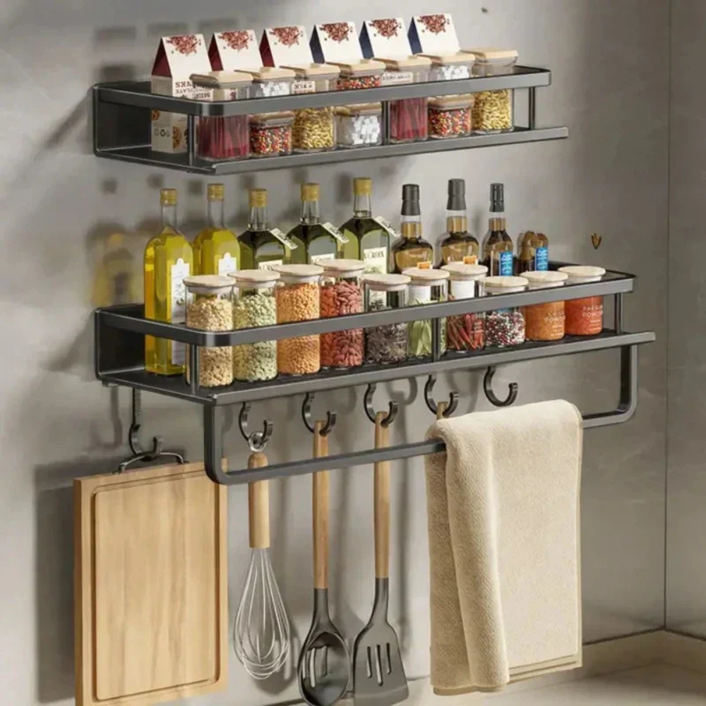 Kitchen wall shelf with utensil hooks and aluminium frame