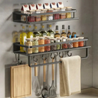 Kitchen wall shelf with utensil hooks and aluminium frame