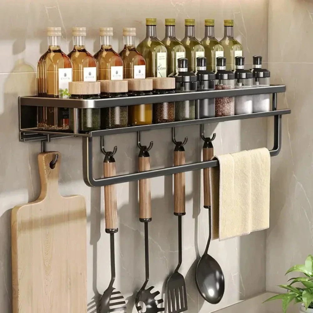 Kitchen wall shelf with utensil hooks and aluminium frame