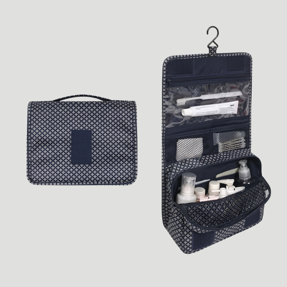 Toiletry bag with multiple compartments and hanging hook - dark blue stars
