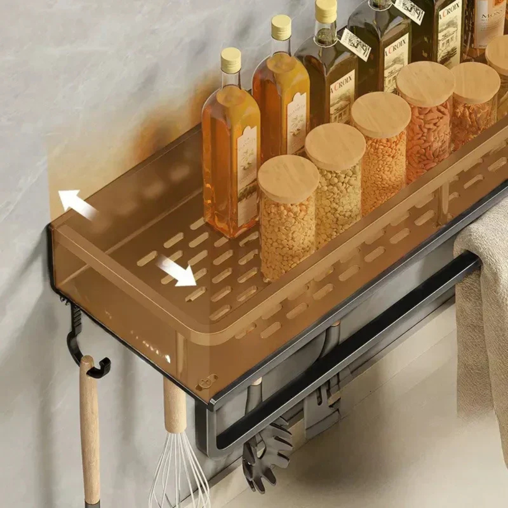 Kitchen wall shelf with utensil hooks and aluminium frame