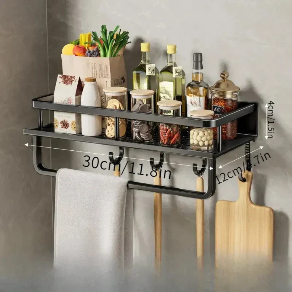 Kitchen wall shelf with utensil hooks and aluminium frame - black hook rod 30 cm / 11.8 in