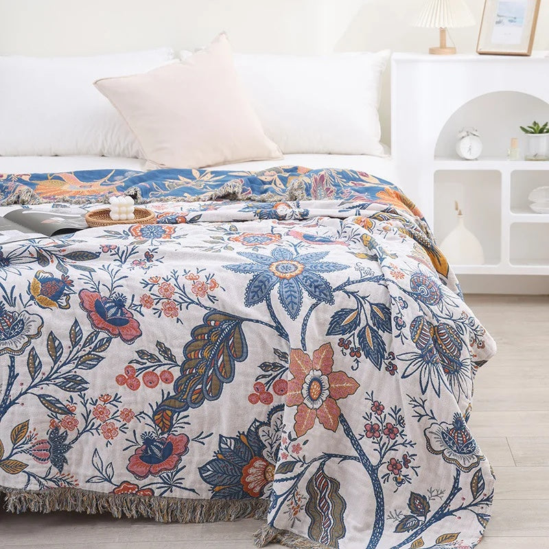 Throw Blanket for Sofa with Floral Fringed Edges