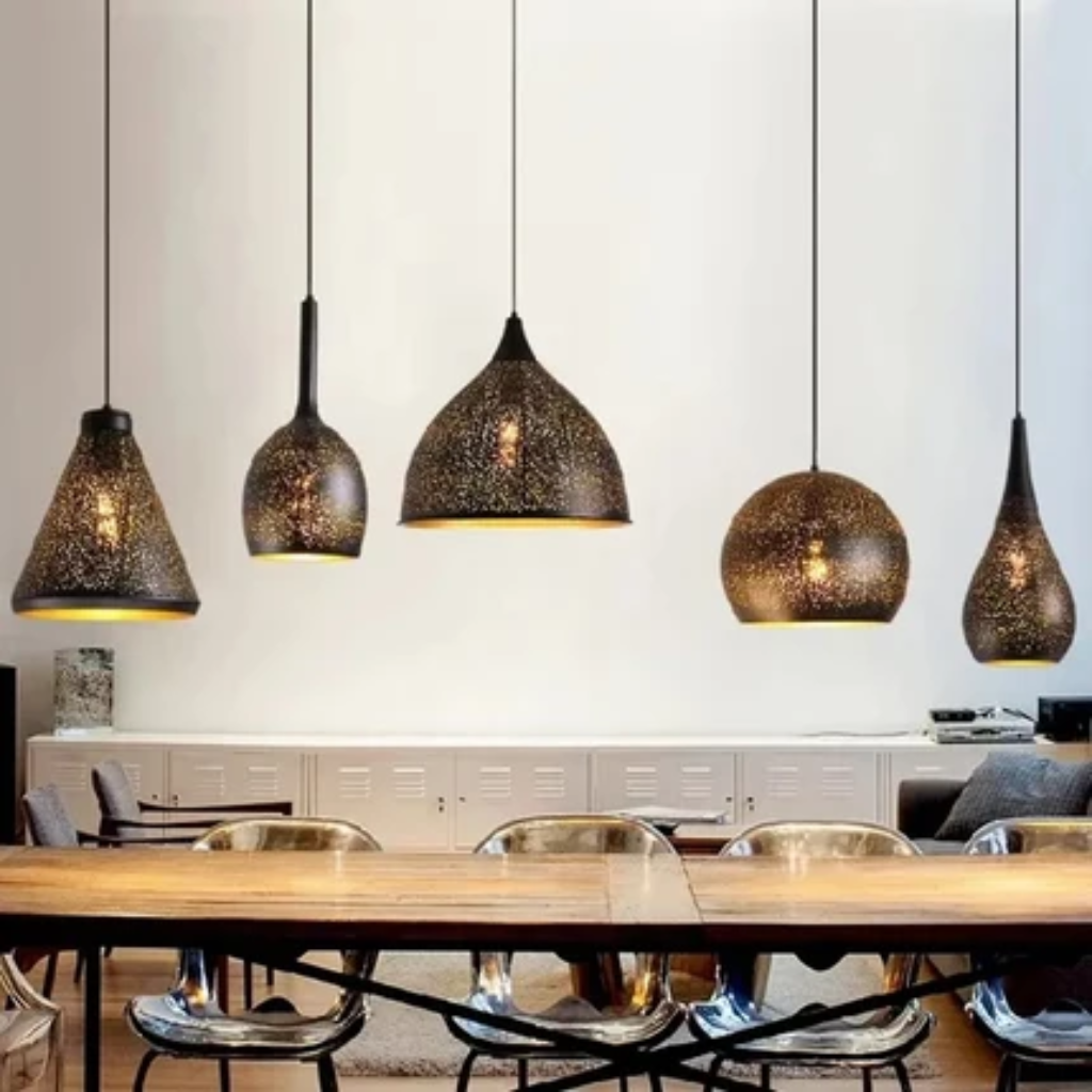Pendant light fixture with perforated iron shade