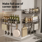 Kitchen wall shelf with utensil hooks and aluminium frame