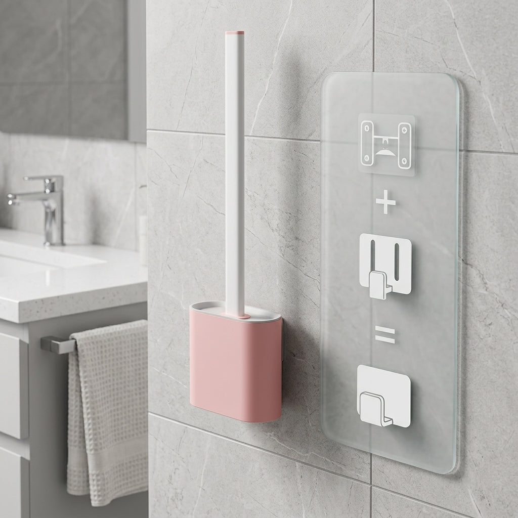 Toilet brush with silicone head and wall holder - pink