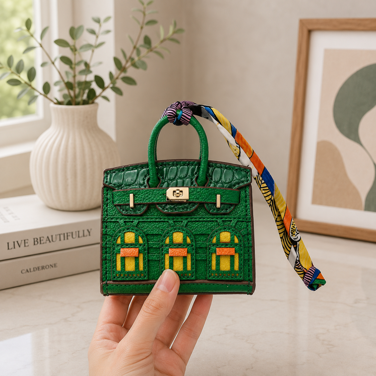 Bag Charm in Mini Handbag Design with Metal Finish - green