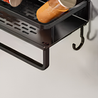 Kitchen wall shelf with utensil hooks and aluminium frame