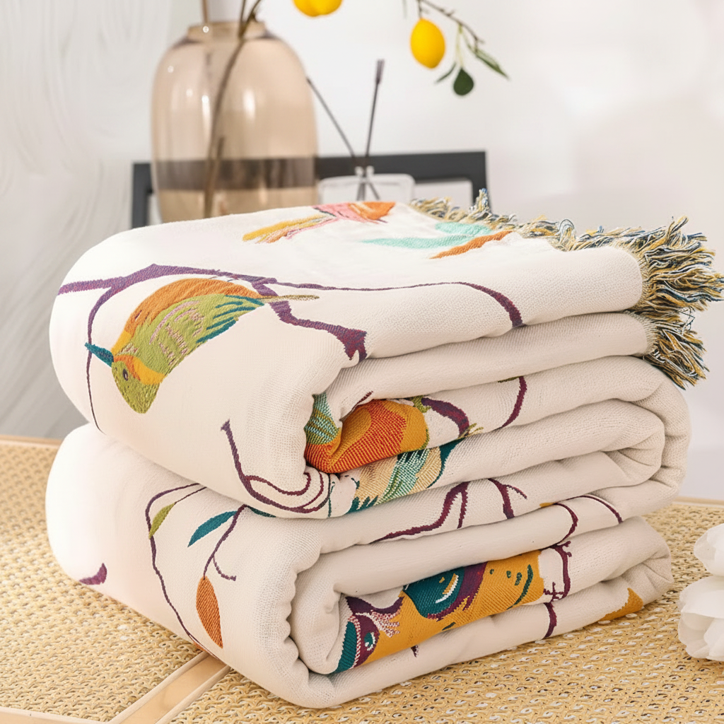 Muslin Throw Blanket With Bird Pattern