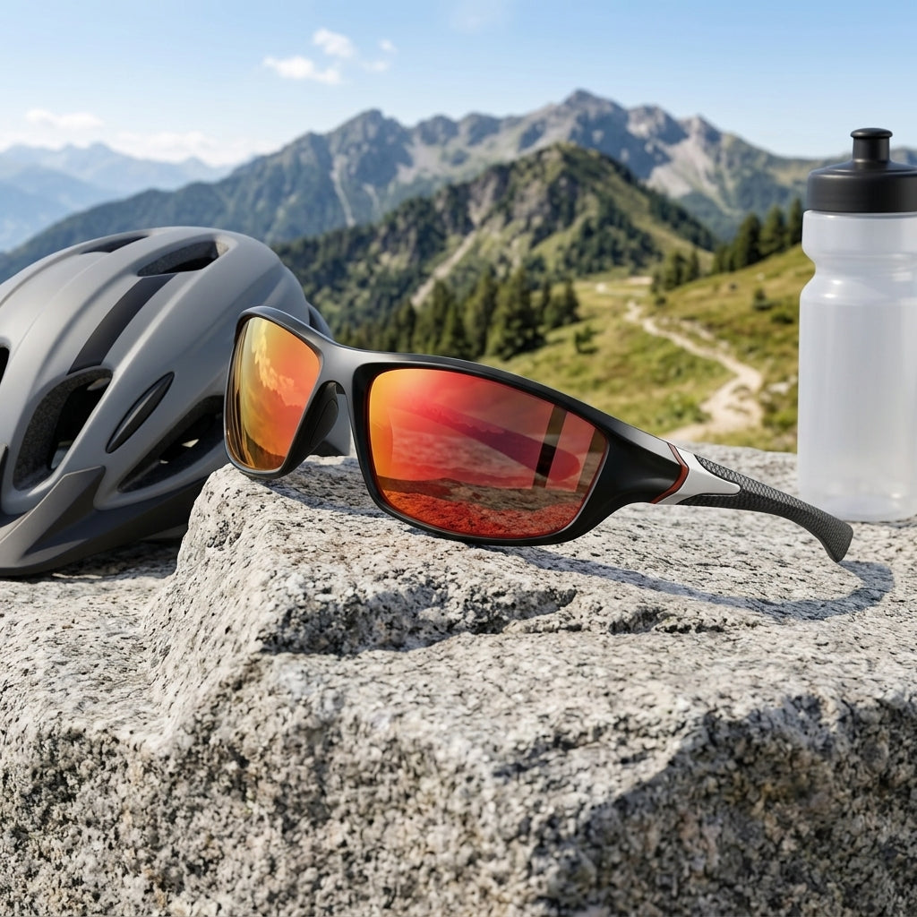 Sport Sunglasses with Polarised Lenses and Full Frame Design - black red pattern