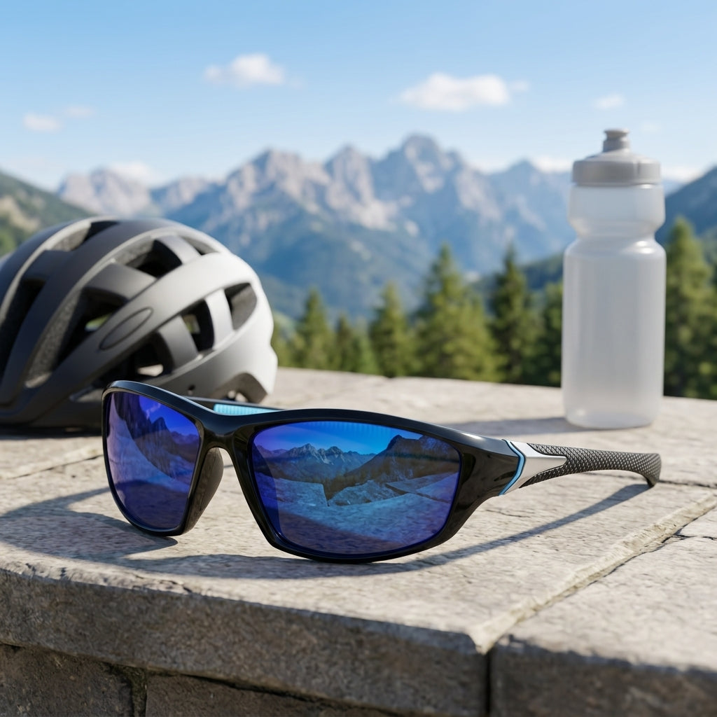 Sport Sunglasses with Polarised Lenses and Full Frame Design - mirror blue black