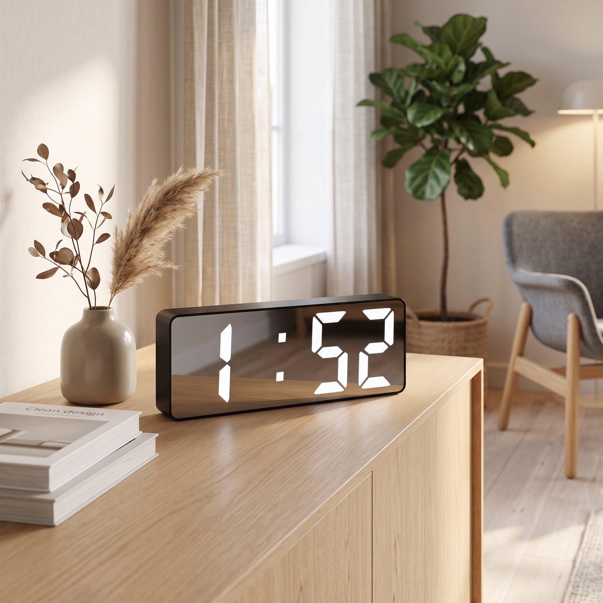 Digital Alarm Clock With Mirror Display and Snooze - midnight black