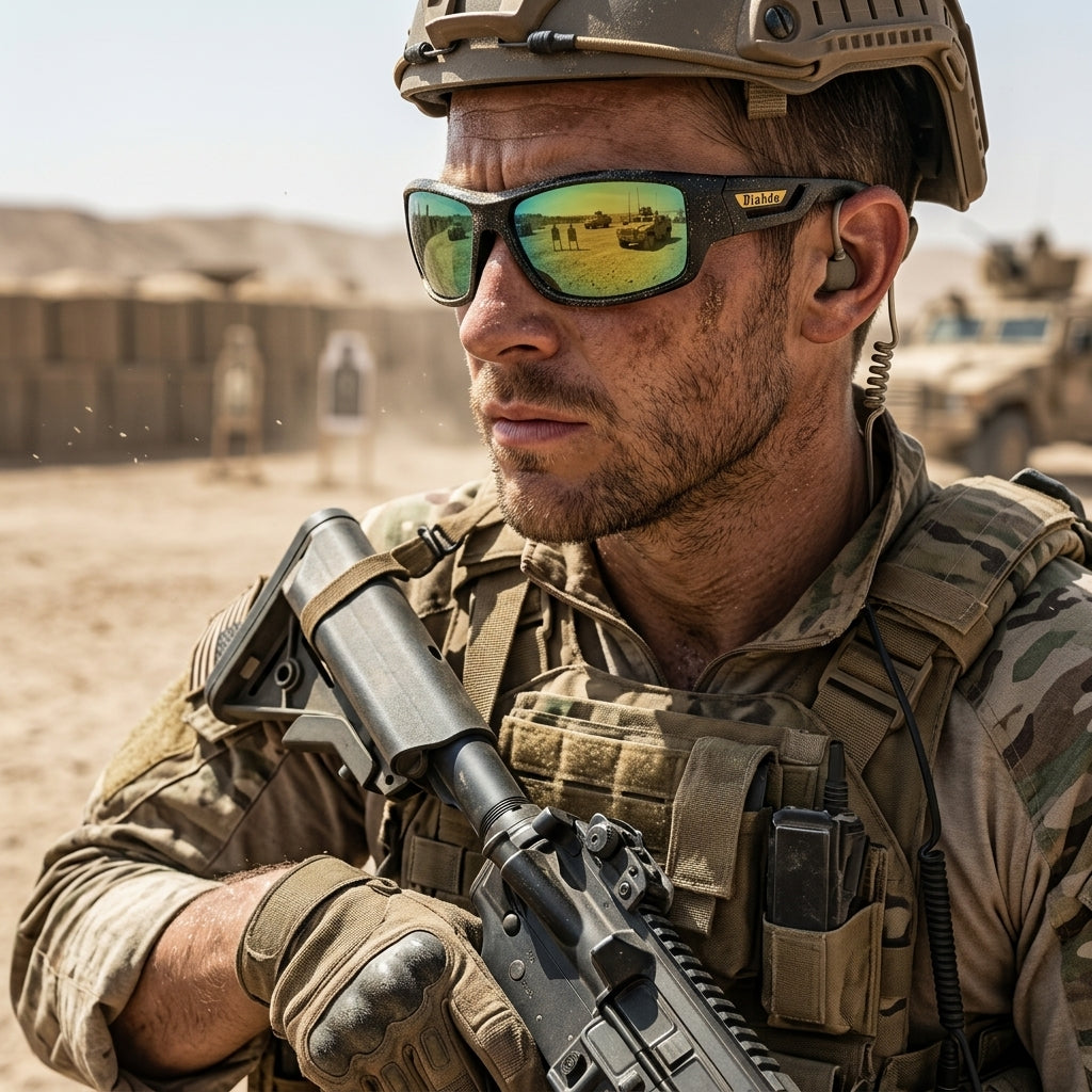 Military sunglasses with polarised lenses and glare reduction