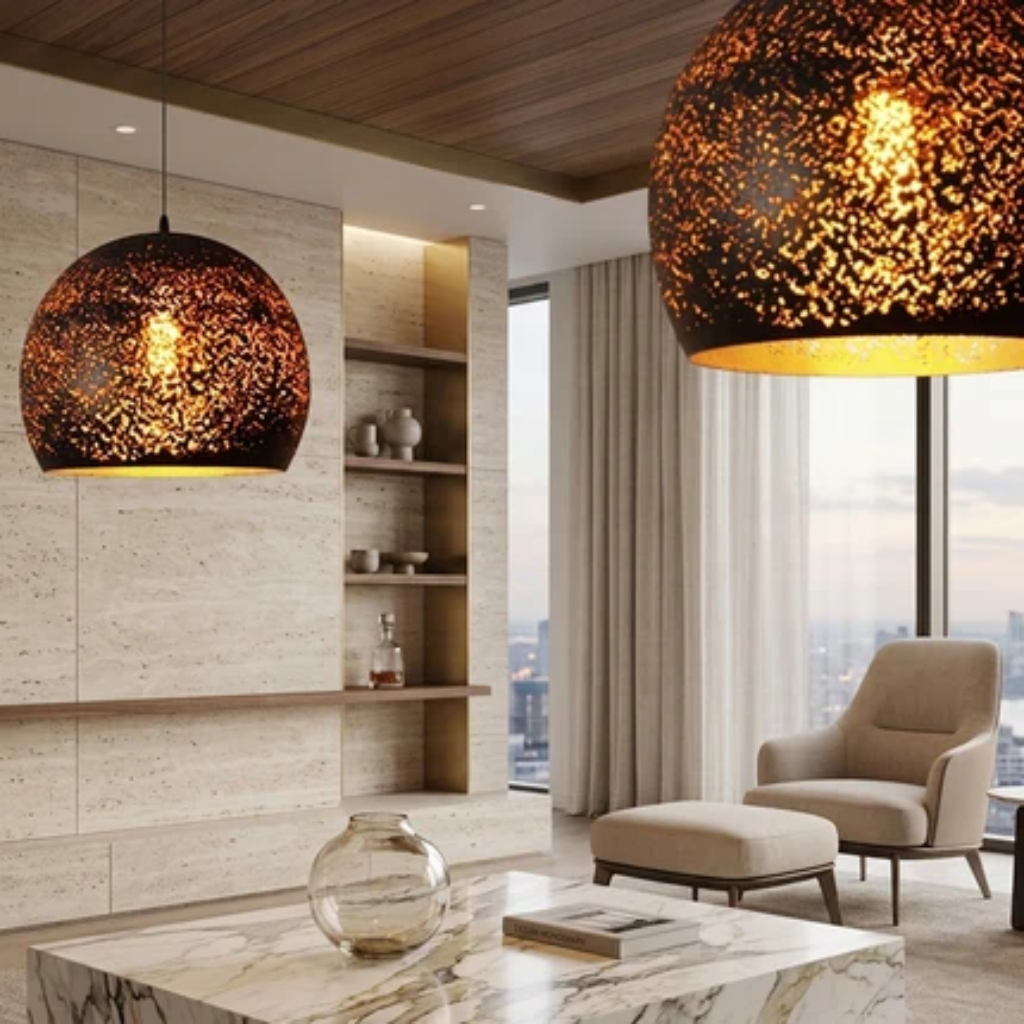 Pendant light fixture with perforated iron shade