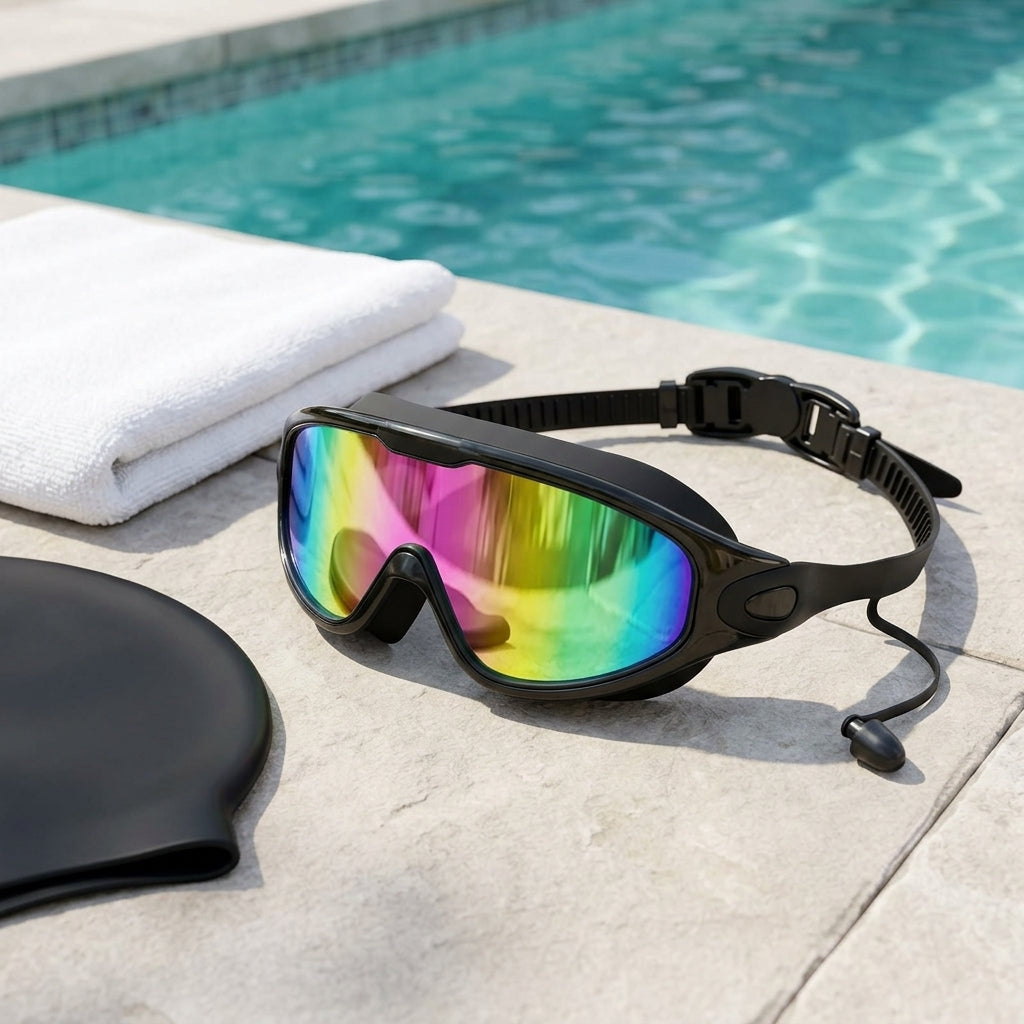 Swim goggles with anti fog coating and silicone strap - black with pink coating