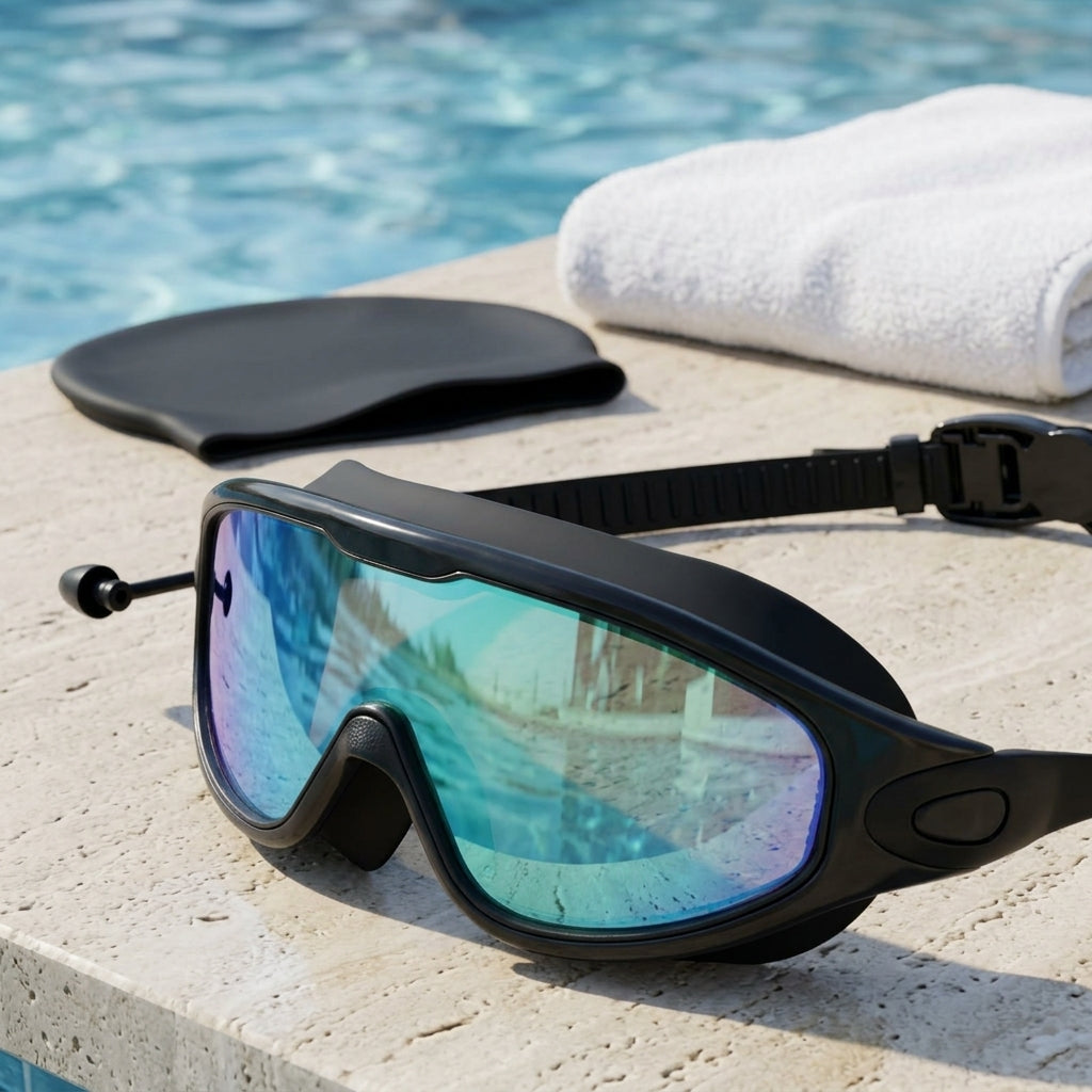 Swim goggles with anti fog coating and silicone strap - black with gold plating