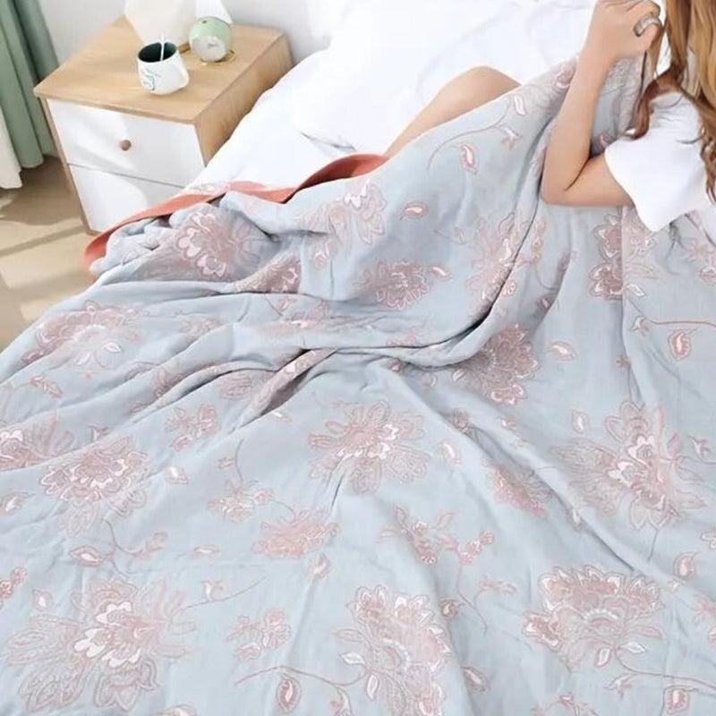 Summer Throw Blanket With Floral Jacquard Cotton