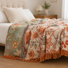 Throw Blanket with Floral Jacquard Fringed Edges