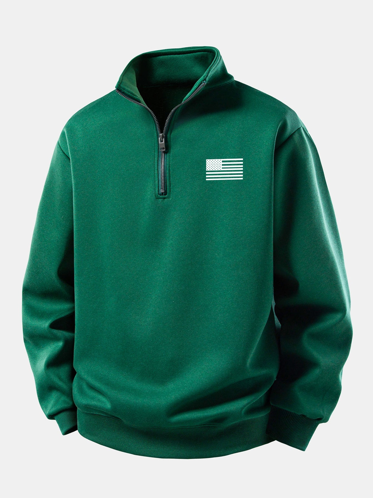 Men's American Flag Quarter Zip Sweatshirt – Relaxed Fit Stand Collar - Dark Green
