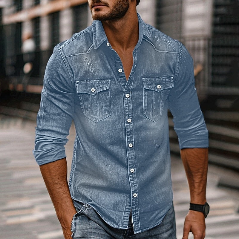 Men's Button-Up Shirt in denim blue, Classic Rugged Style