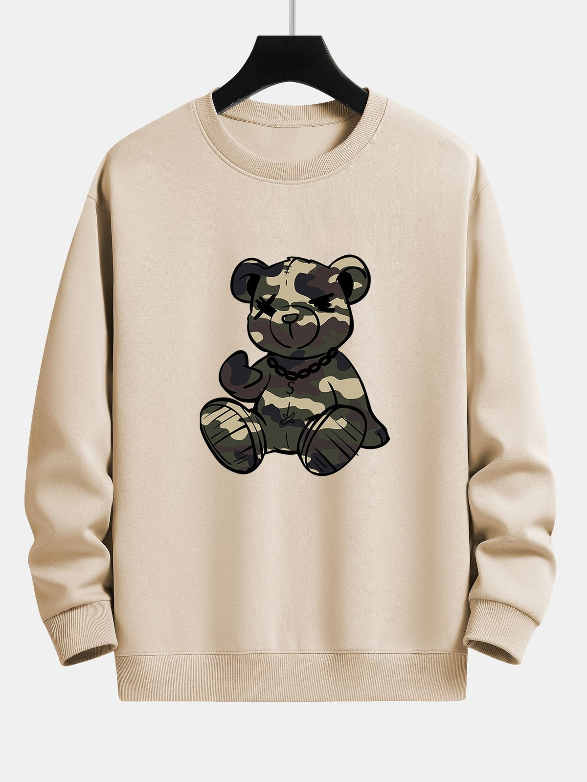 Men's Camouflage Teddy Bear Graphic Sweatshirt in beige, Relaxed Fit Crew Neck