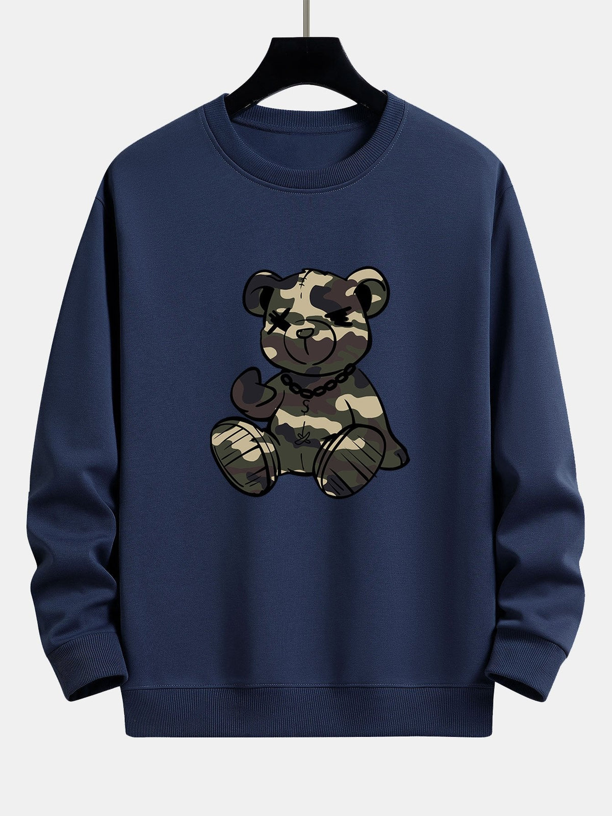 Men's Camouflage Teddy Bear Graphic Sweatshirt in navy, Relaxed Fit Crew Neck