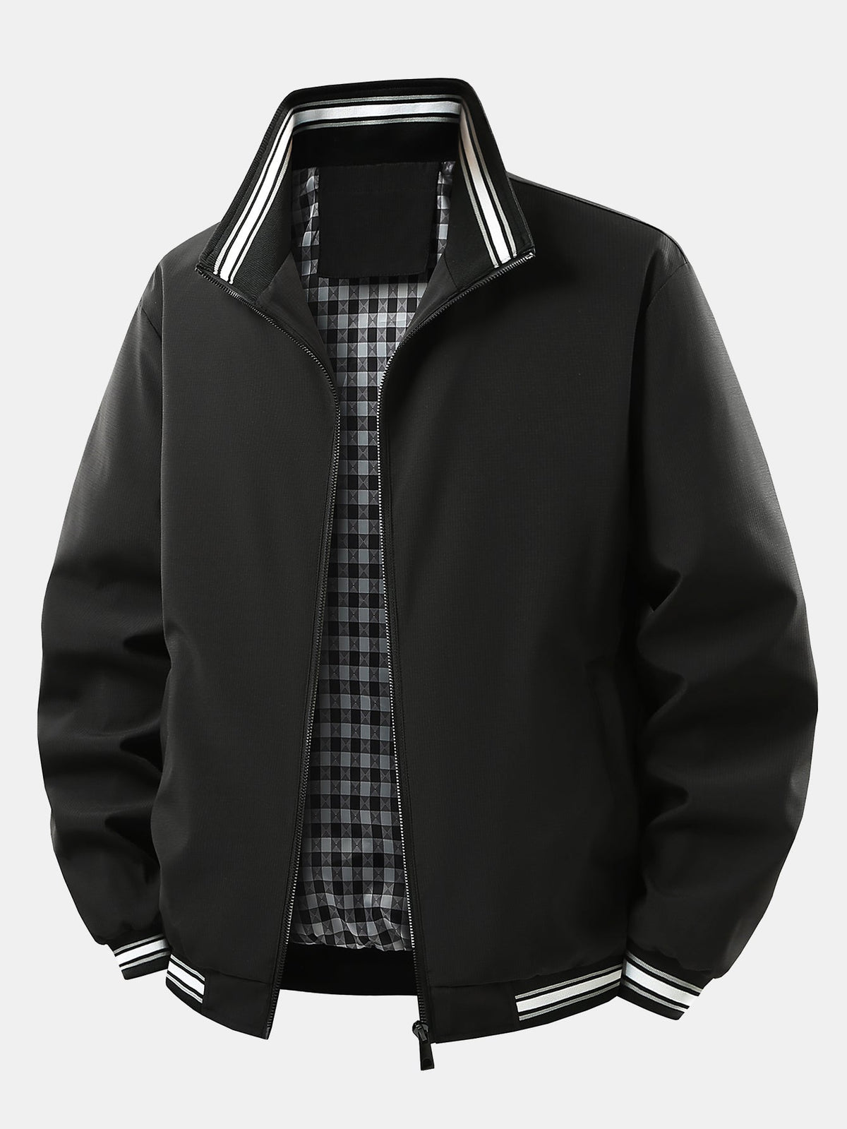 Men's Checked Lined Zip-Up Jacket in black, Relaxed Fit Casual