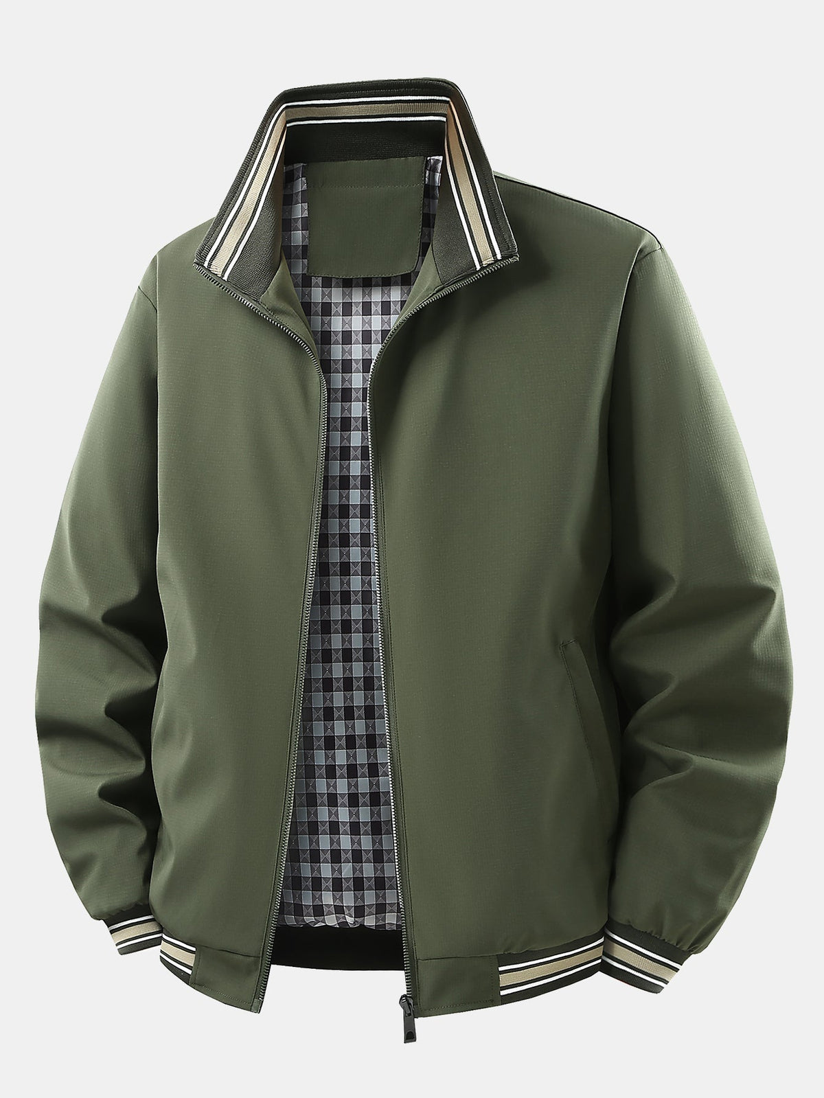 Men's Checked Lined Zip-Up Jacket in dark green, Relaxed Fit Casual