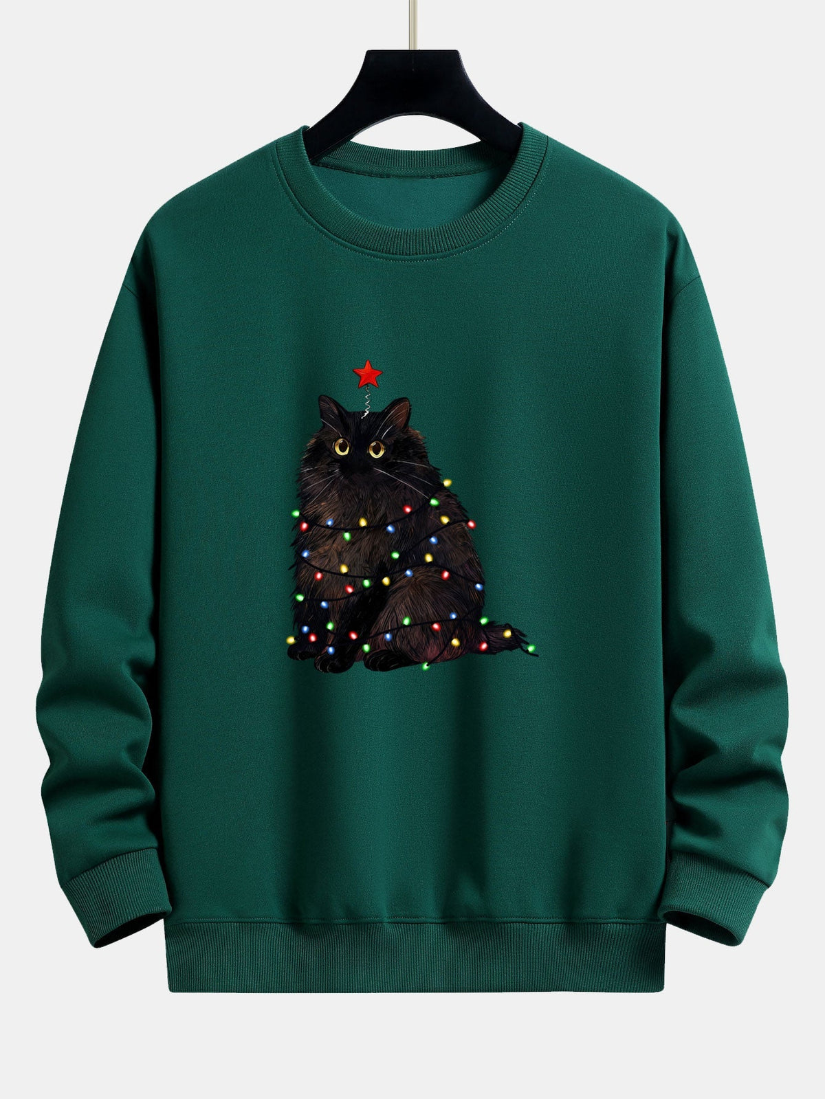 Men's Christmas Cat Sweatshirt – Relaxed Fit Festive Pullover - Dark Green