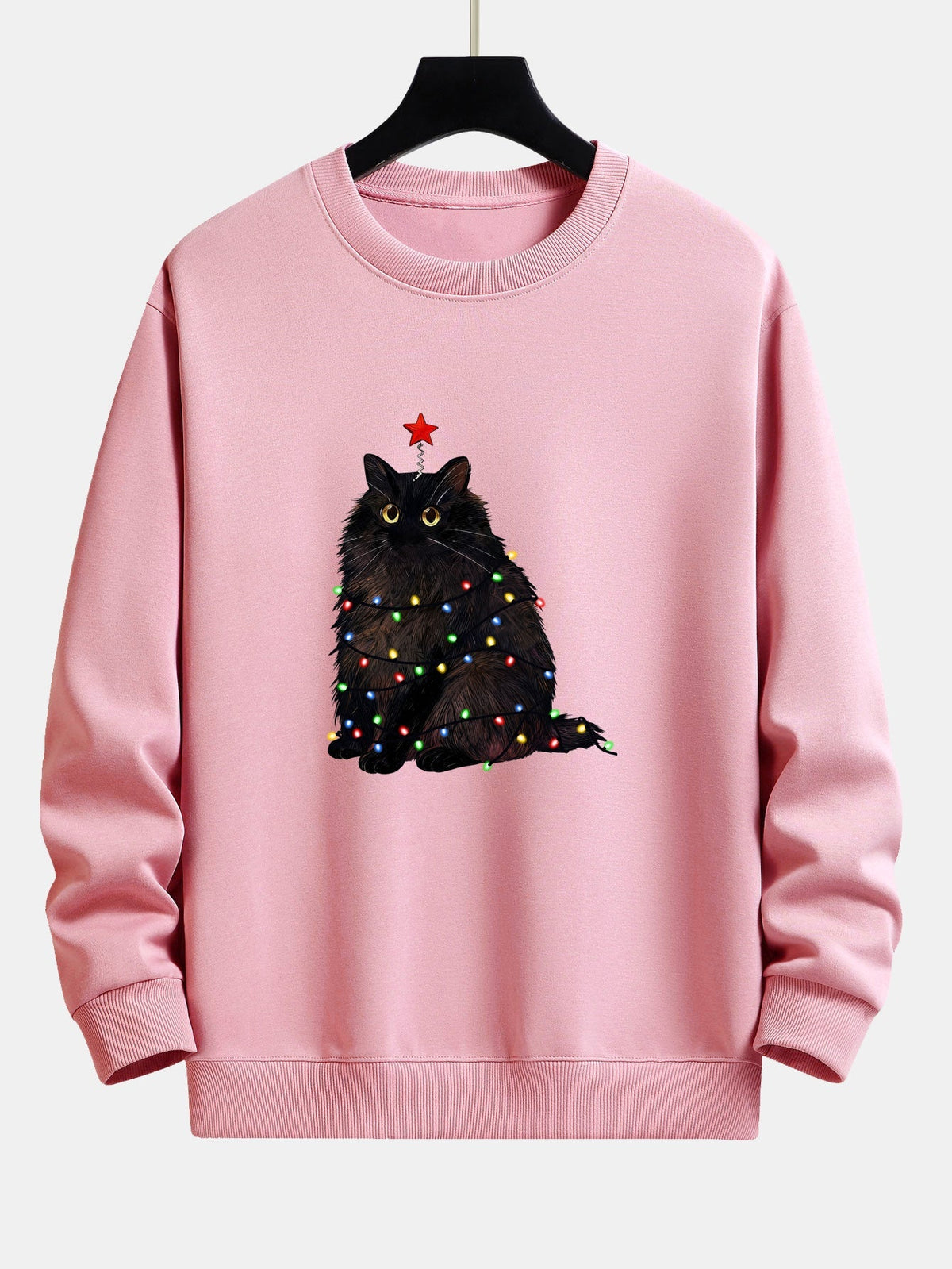 Men's Christmas Cat Sweatshirt – Relaxed Fit Festive Pullover - Light Pink