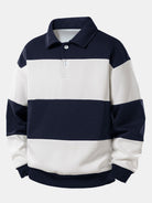 Men's Colour Block Polo Sweatshirt – Relaxed Fit Stripes - Navy Blue