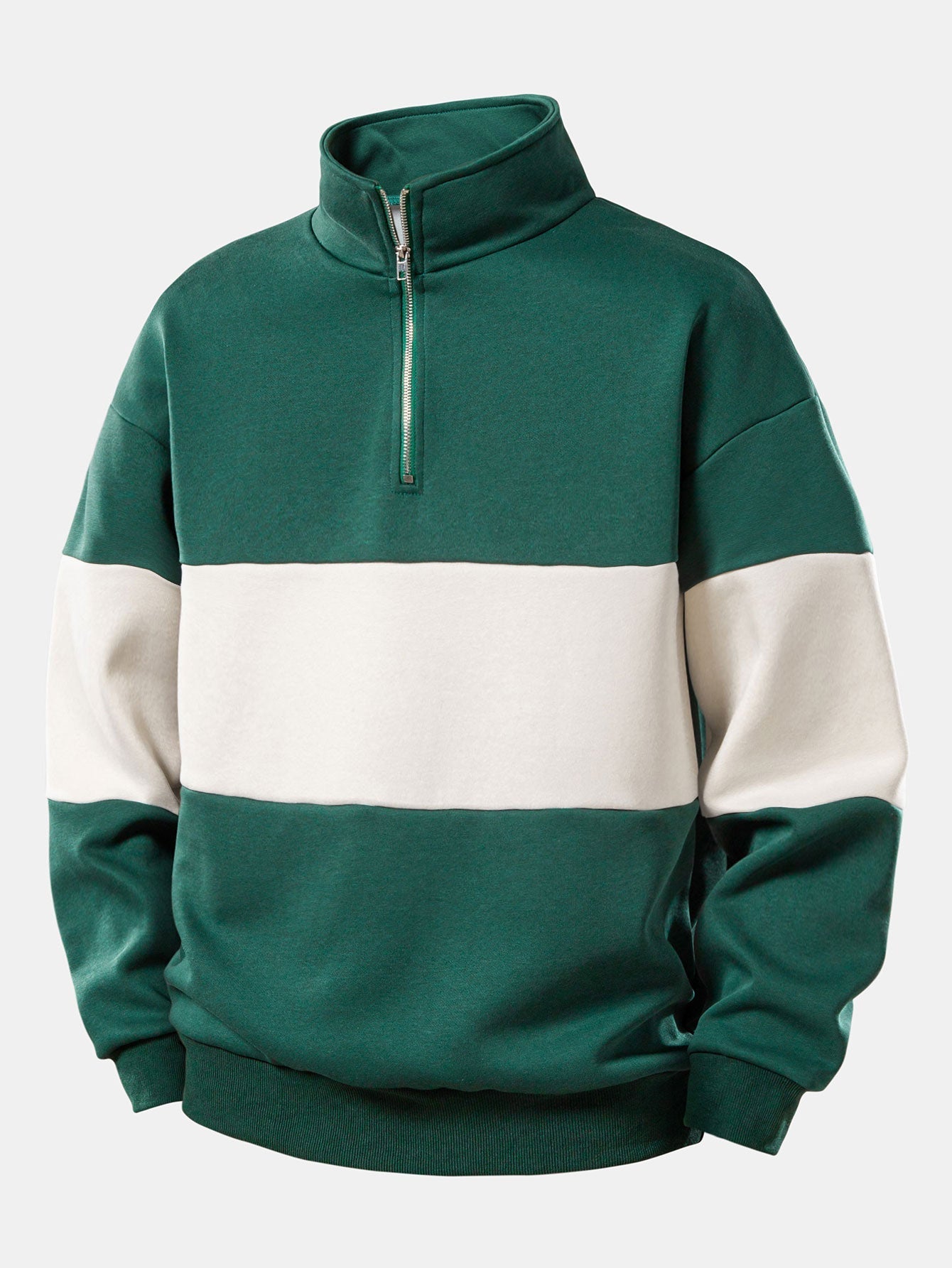Men's Colour Block Quarter-Zip Sweatshirt – Relaxed Fit - Dark Green