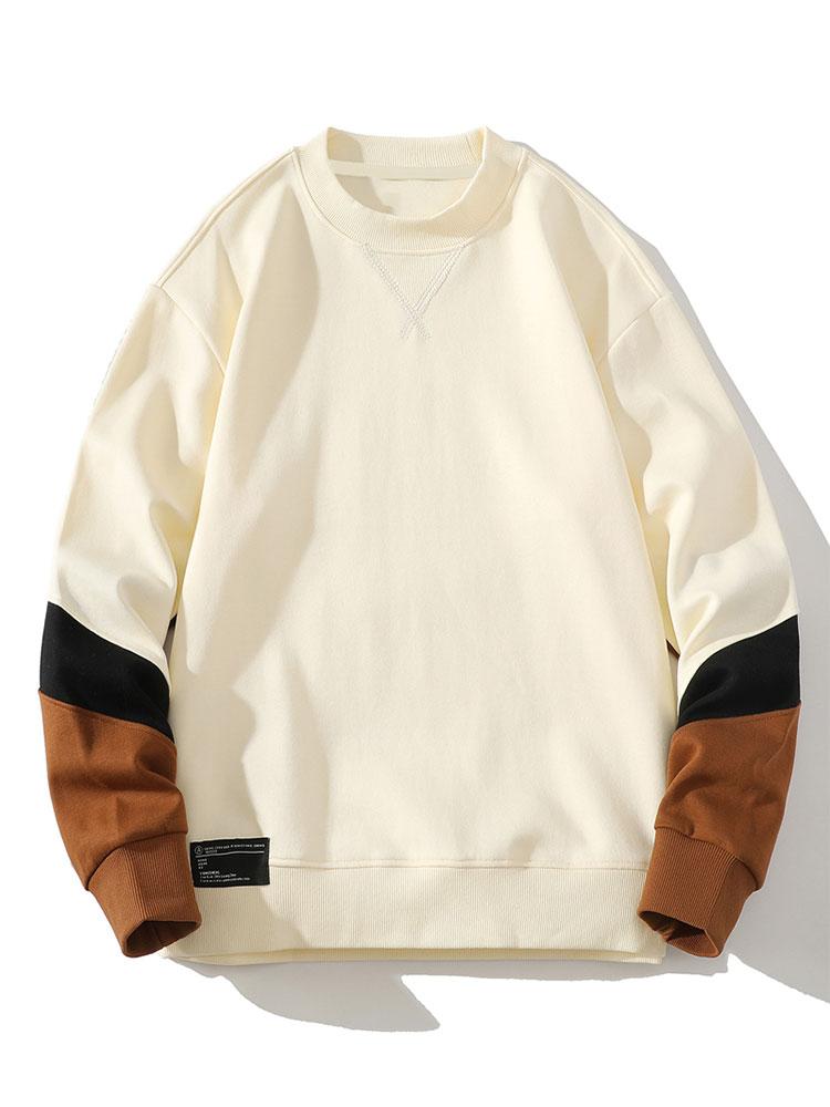 Men's Colourblock Crew Neck Sweatshirt – Relaxed Fit Casual Pullover - Beige
